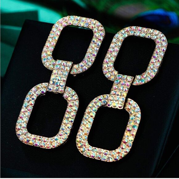 Yellow Gold with Iridescent AB Austrian Crystal Double Link Post Back Earrings - Picture 2 of 5